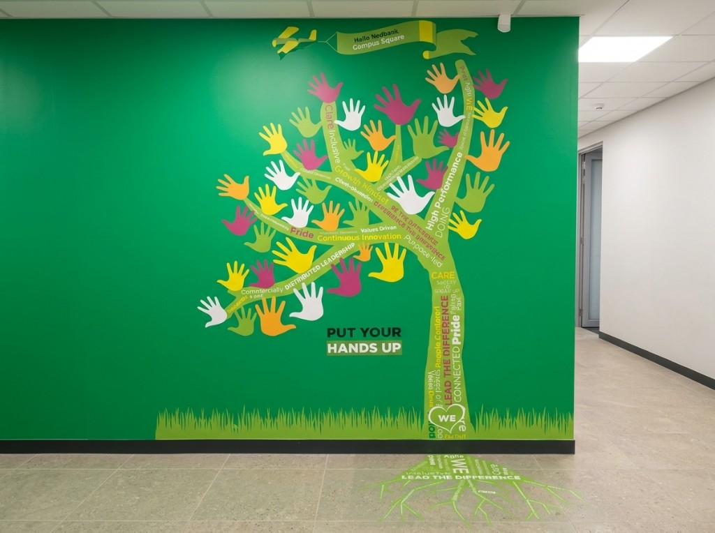 Nedbank hand tree wall and floor graphics in office corridor