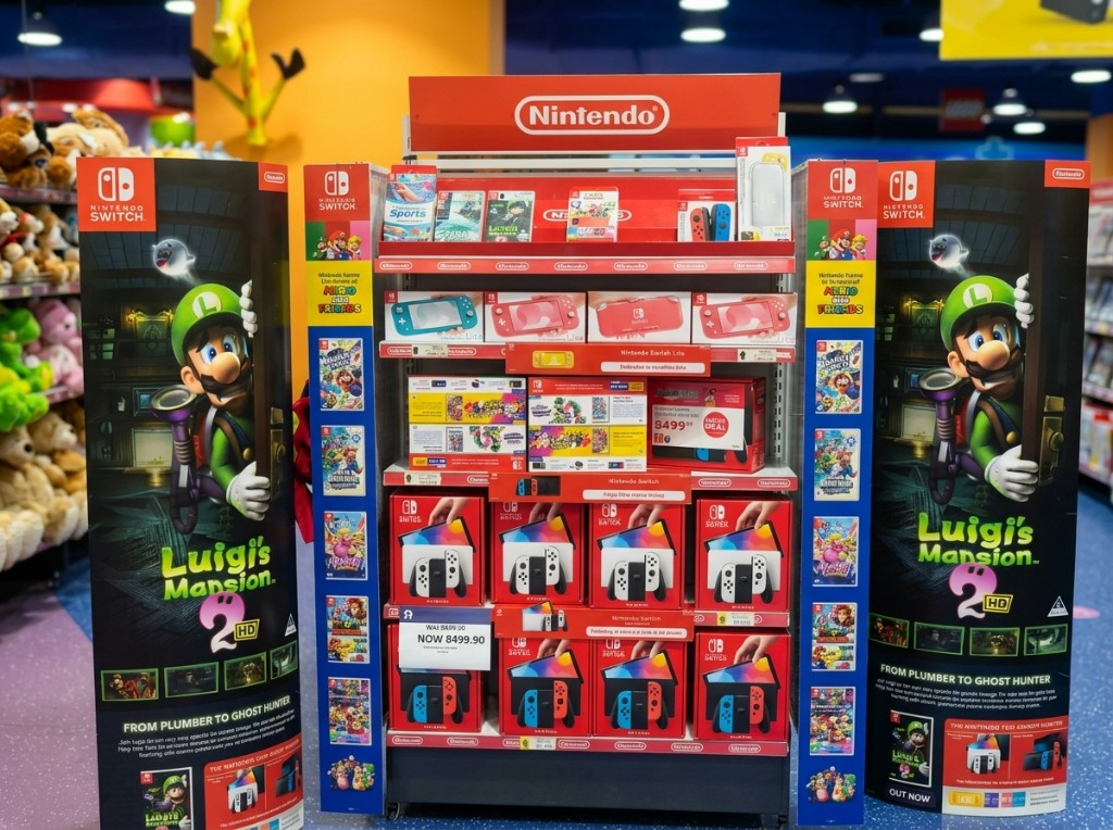 Nintendo Switch in-store display with header cards and shelf-ready packaging